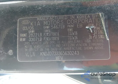 2006 Kia Sorento Ex/Lx from USA, damaged, VIN KNDJD733365630243